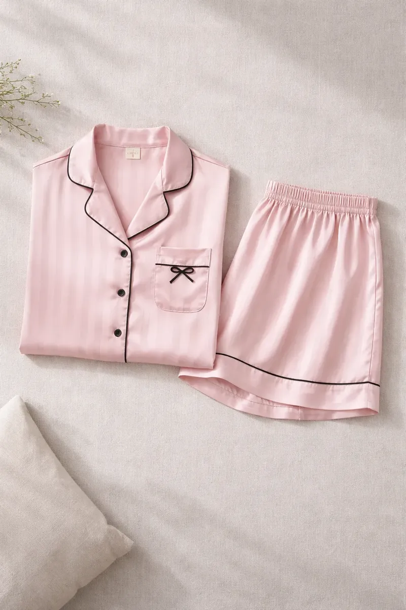 Pijama Camisero Rayas Rosa Corto - Imagen 5