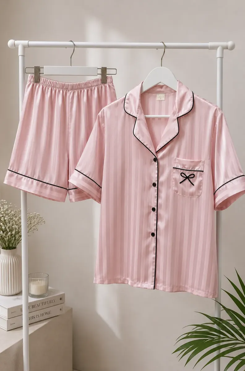 Pijama Camisero Rayas Rosa Corto - Imagen 2